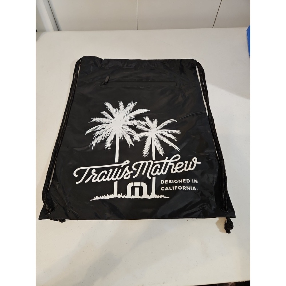 Travis Mathew‎ Drawstring Cinch Bag w/Zip Pocket - Black/White 14" x 18"